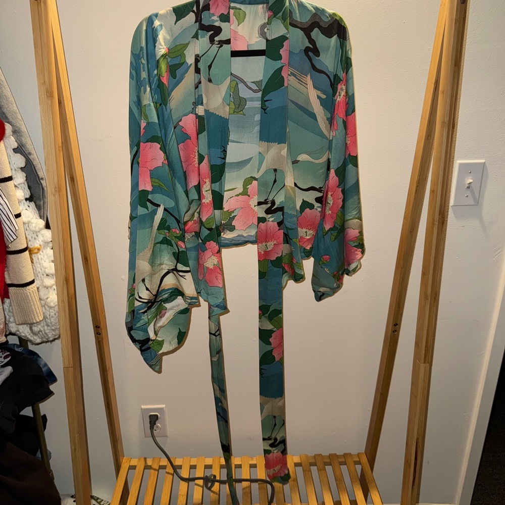 Vibrant Pink and Green Floral Kimono with Flowing Sleeves